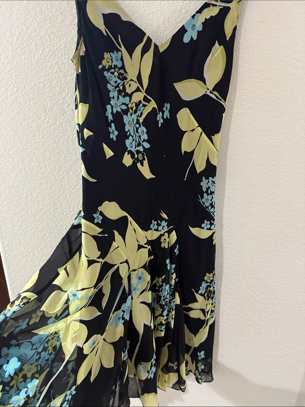 Black Floral Slip Dress with Yellow-Green and Light Blue Print